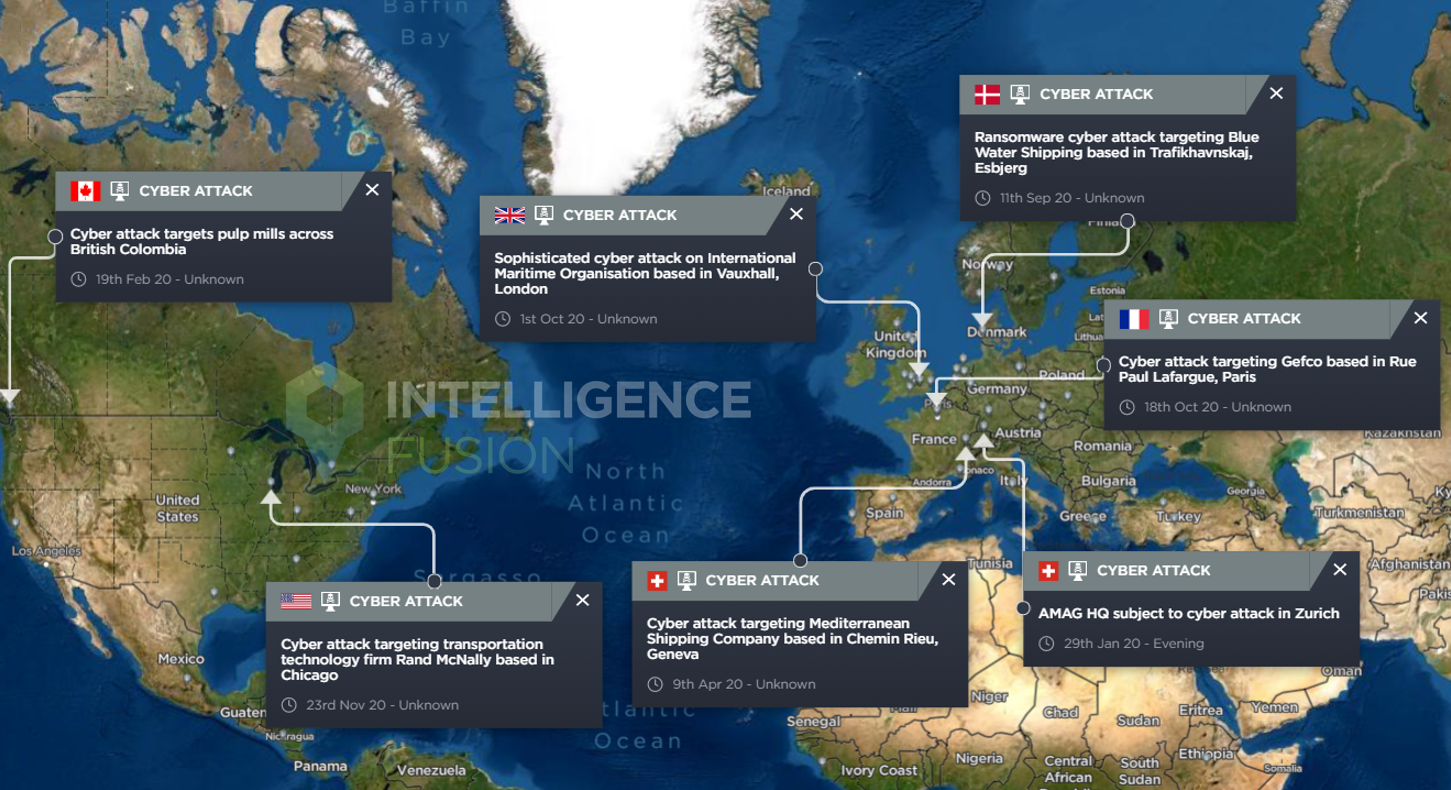 A map highlighting the location of cyber attacks on logistics and shipping companies throughout 2020
